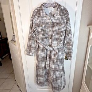 LBLC The Label Large Haley Long Belted Coat NWT Ivory Brown Check Design, Slit
